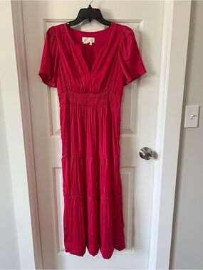 Anthropologie Somerset Bright Fuchsia V-Neck Tiered Satin Maxi Dress